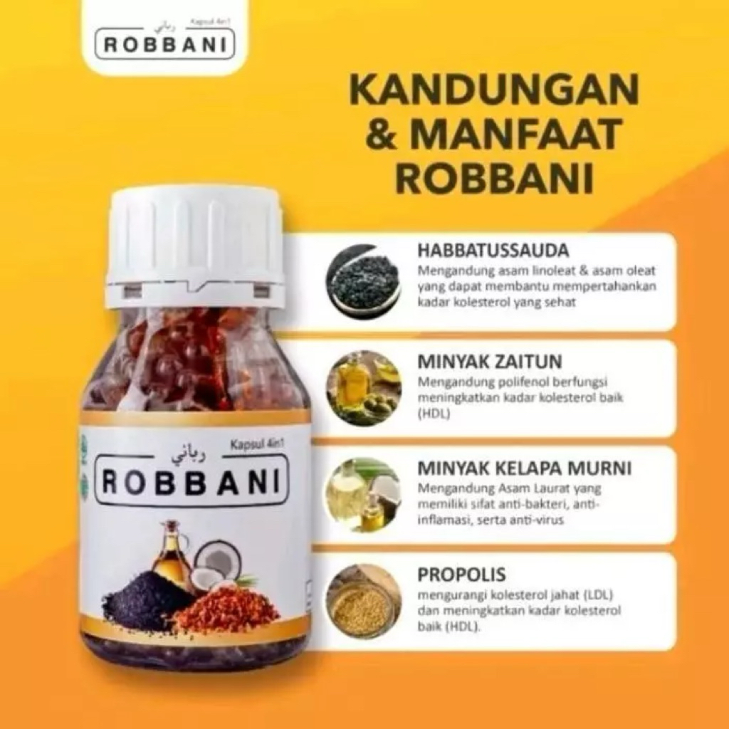 Robbani Kapsul Herbal 100 Kapsul - Menormalkan Kolesterol, Hipertensi, dan Asam Urat