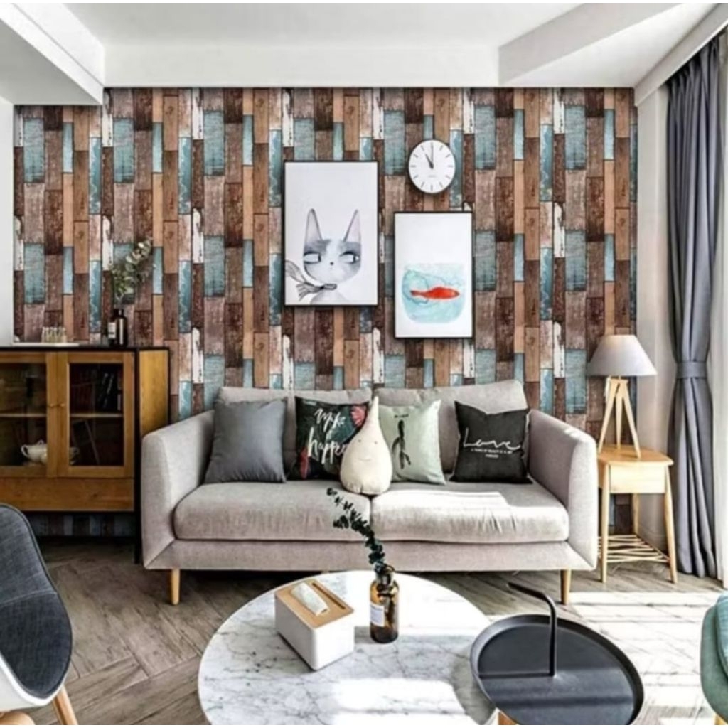 Walpaper Sticker Dinding Kamar Motif Kayu Vintage Biru Coklat