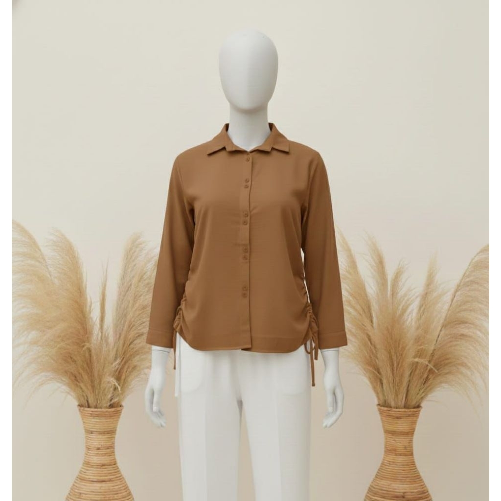 ​Kemeja Wanita Serut Samping Bahan Rayon Premium - Atasan Kerja Polos Putih Elegan