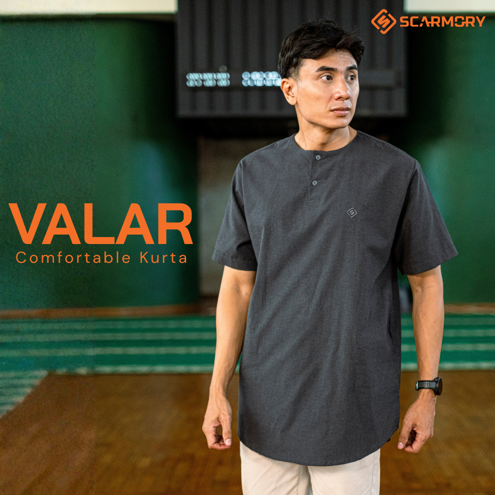 Kurta katun lengan pendek pria model koko warna abu-abu polos ukuran M L XL