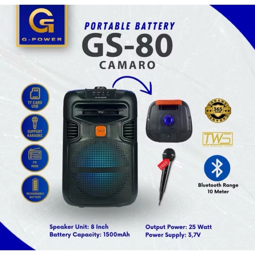 G-POWER Speaker Bluetooth GS-80 Bumblebee/Camaro 8 Inch Bluetooth 5.0 Suara Jernih - Murah