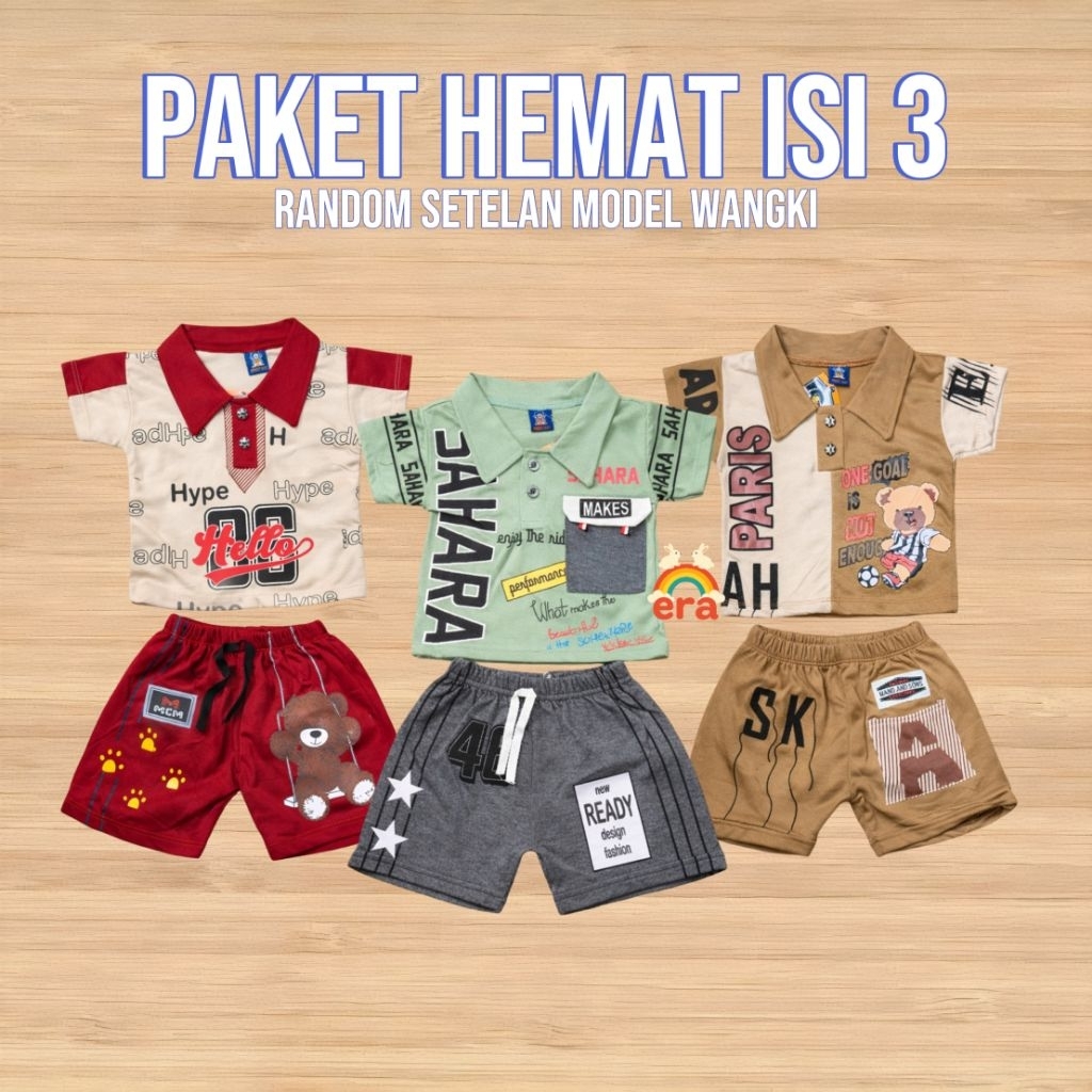 ERA BABY - Paket Hemat Isi 3 Setelan Wangki Kerah Celana Pendek Fashion Baju Bayi Anak Cowok Umur 6 