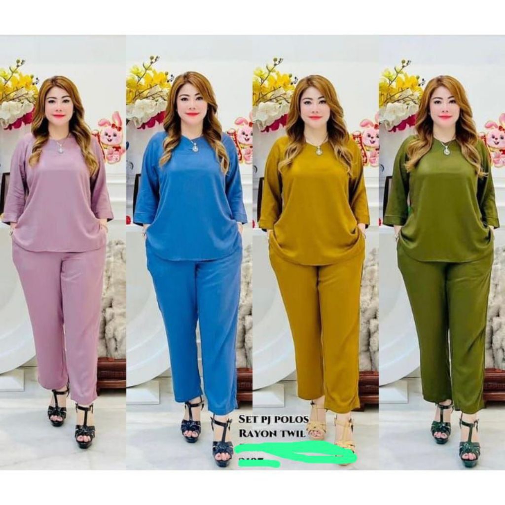 Setelan Wanita Panjang Rayon Twill Polos Lengan 7/8