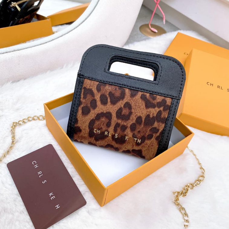 Dompet Mini Wanita Leopard CK37# Free Box Premium Import Tas Mikro Selempang Rantai Kekinian Handbag