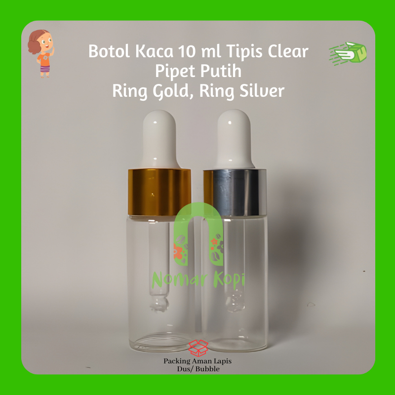 Botol KACA PIPET10ML Tipis Clear Ring Gold Putih / Botol Pipet Kaca N18