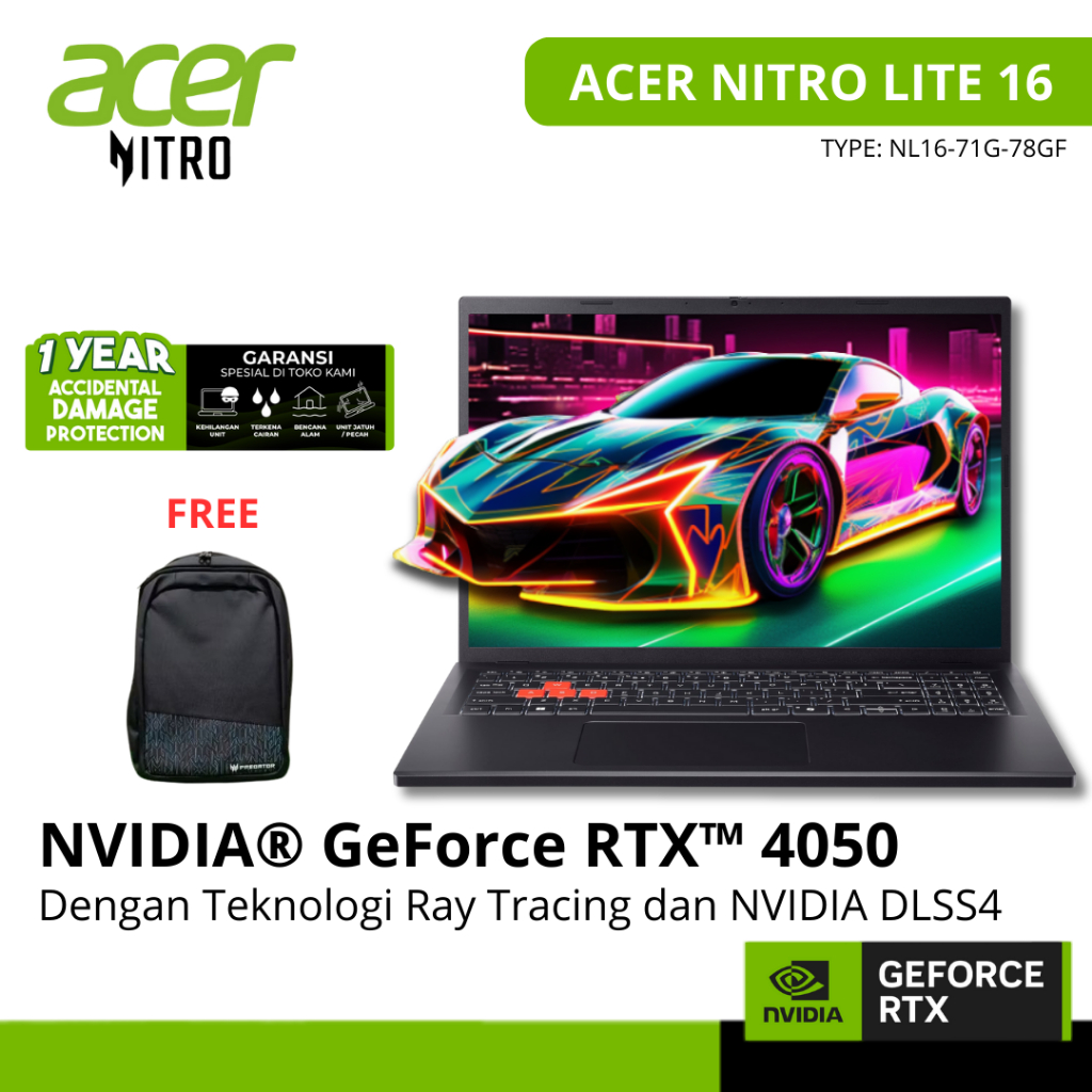 ACER NITRO LITE 16 GeForce RTX4050 6GB - CORE 7 240H RAM 16GB SSD 512GB Windows 11+Office +M365B 16.