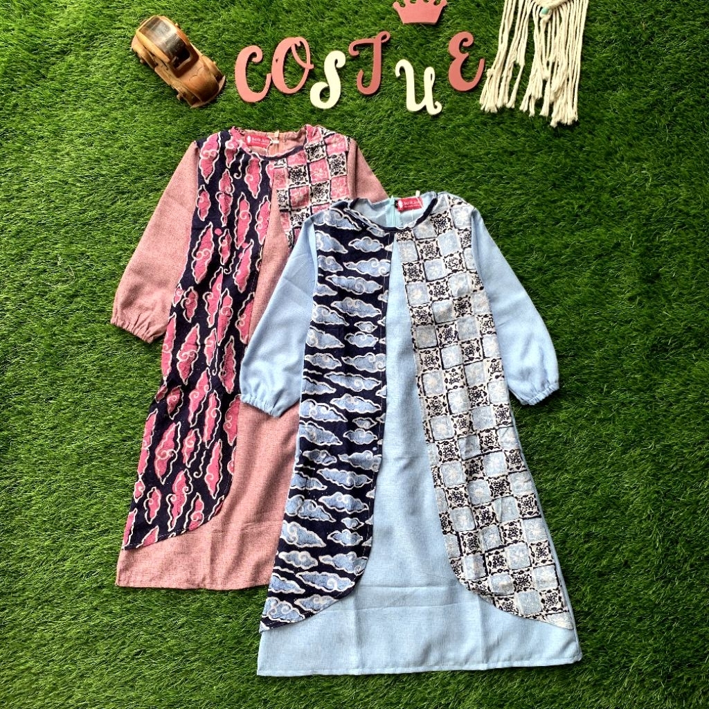 BATIK COSTUME Gamis Anak Prilly Dobby Colet Lengan Panjang kombinasi  Motif Megamendung Aksen mix Po