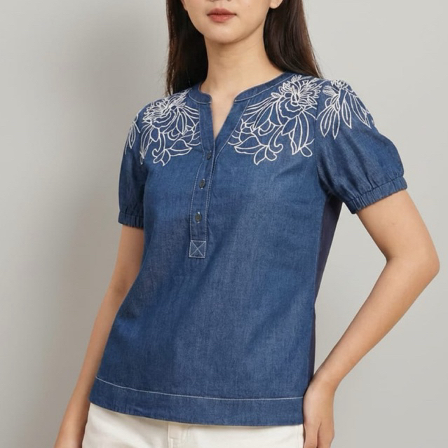 310200 | BLOUSE KATUN DENIM BORDIR PREMIUM NO STRETCH LENGAN PENDEK NAVY