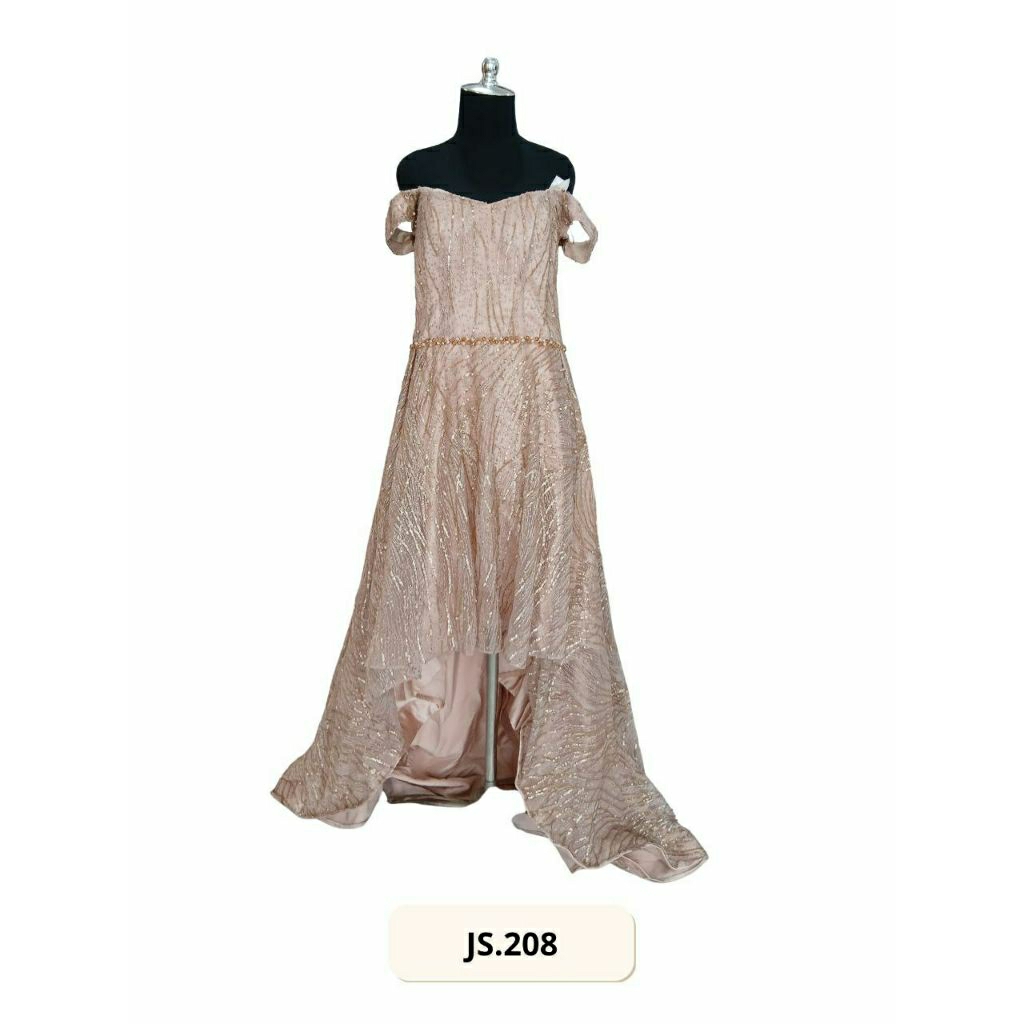 GAUN PESTA PRELOVED WARNA ROSEGOLD DENGAN MODEL LENGAN SABRINA (JS.208)