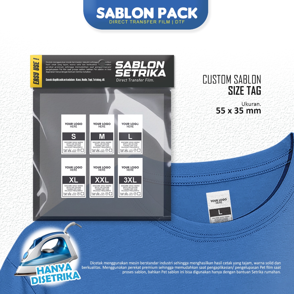 SABLON SETRIKA DTF - Label Ukuran Baju/ Kaos Size tag Desain Custom