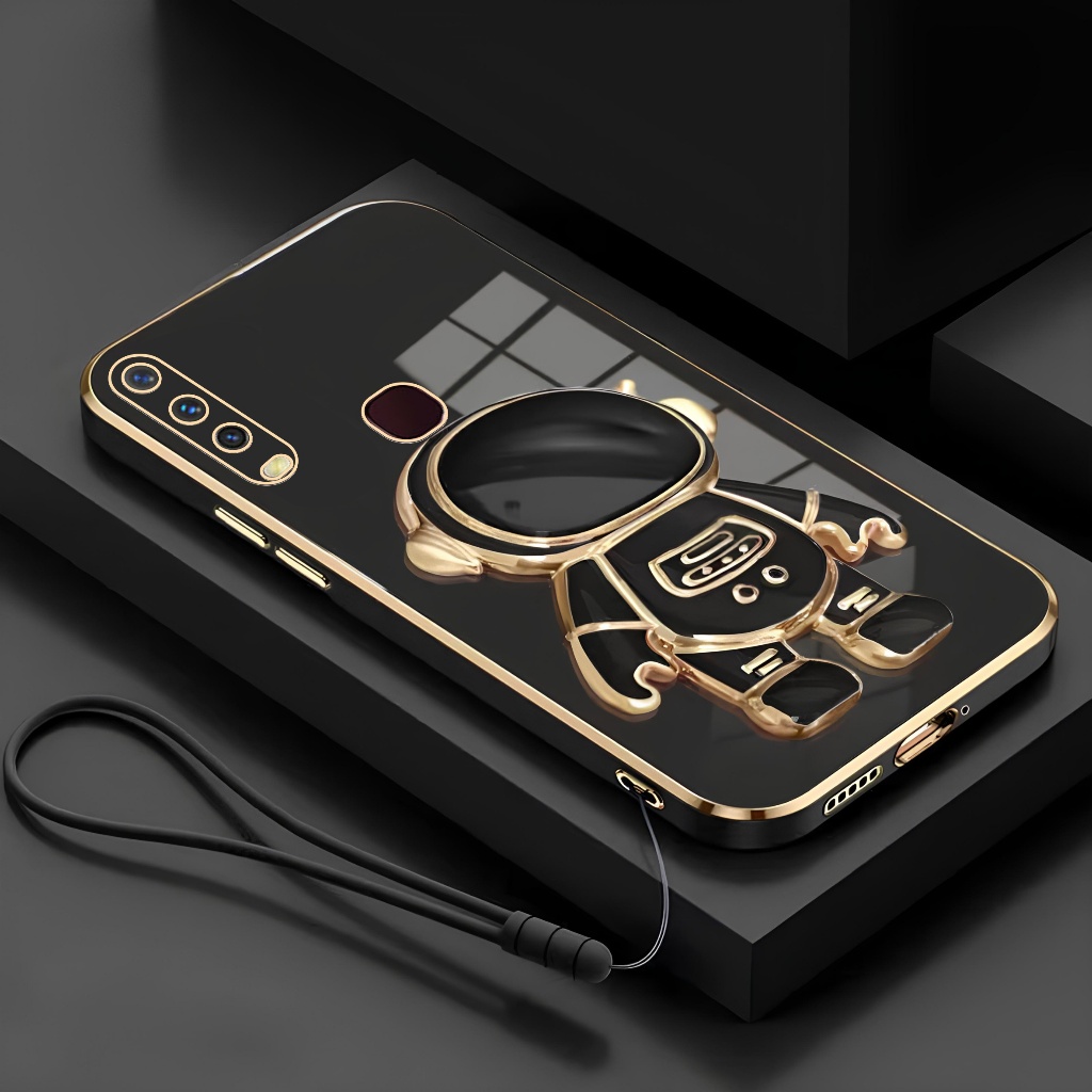 Soft Case Vivo Y12 Y15 Y17 Casing Silikon Dudukan Lipat Astronot Plating Free Tali Lanyard Gantungan