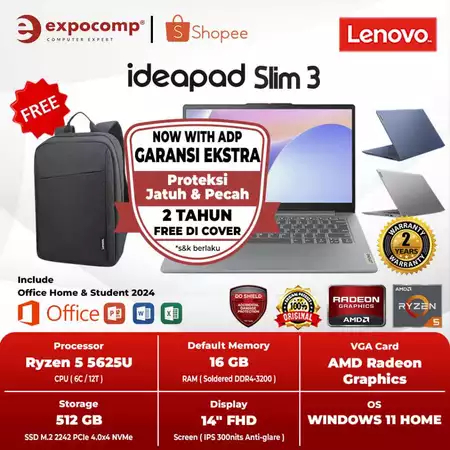 LENOVO IDEAPAD SLIM 3 14ABR8 9YID AMD RYZEN 5-5625U 16GB 512GB WIN 11 HOME + OFFICE HOME 2024 + M 36