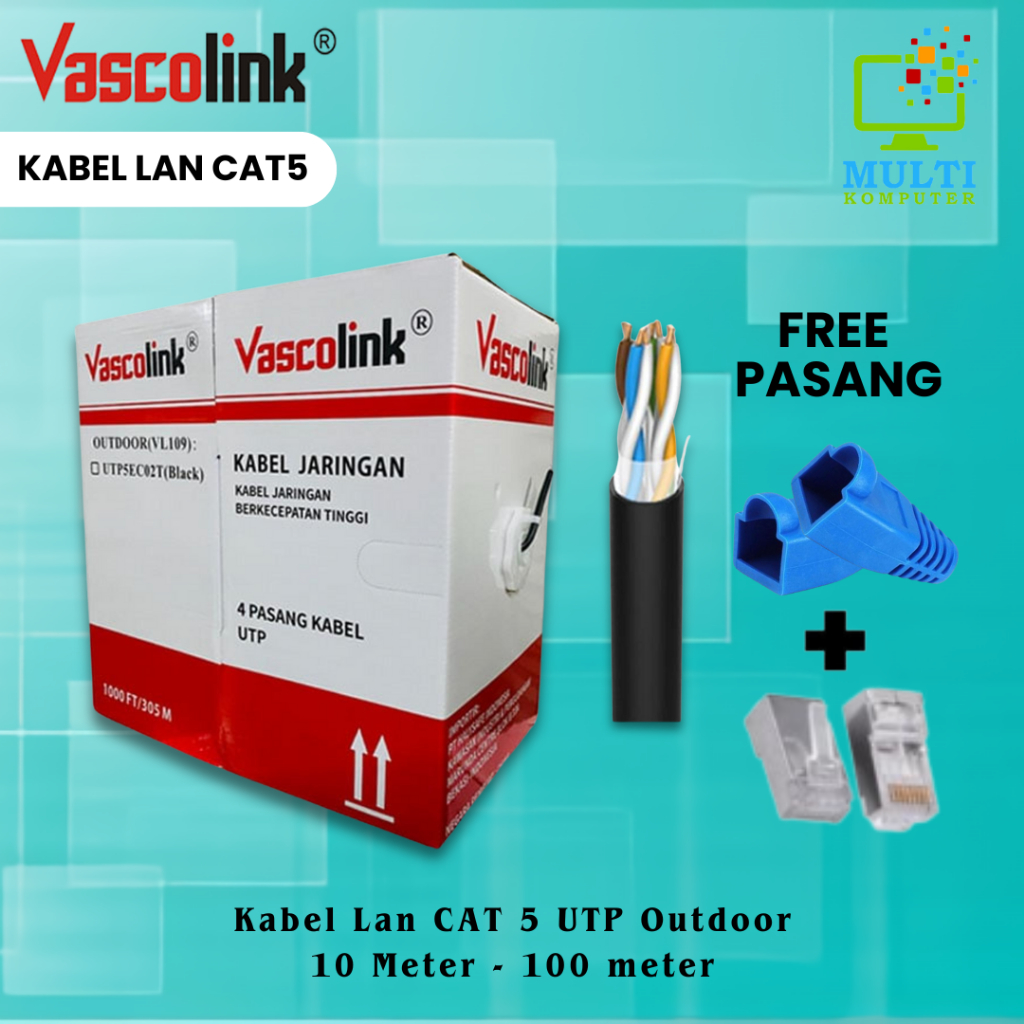 KABEL LAN OUTDOOR UTP VASCOLINK CAT5E UTP 10 | 15 | 20 | 25 | 30 | 40 | 50 M / METER | Siap Pakai