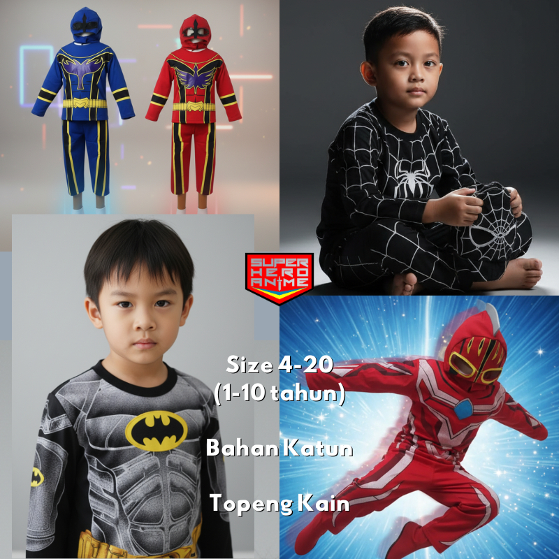Kostum Anak Laki Laki Superhero Setelan Baju Celana + Topeng Kain Bahan Katun Adem Usia 1-10 Tahun -