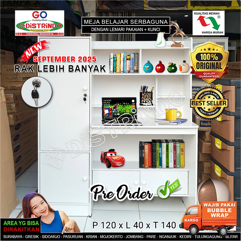 Distrindo - Meja Belajar Besar + 4 Lemari Serbaguna + KUNCI dan ADA RAK dibawah Meja