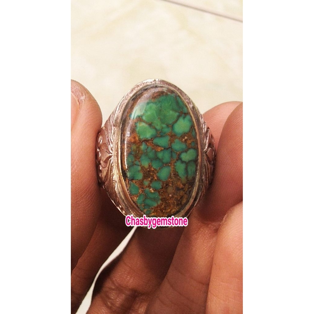 Cincin Batu Pirus Persia ijo kedindong-Batu Pirus Persia serat kura lawasan hijau kedondong