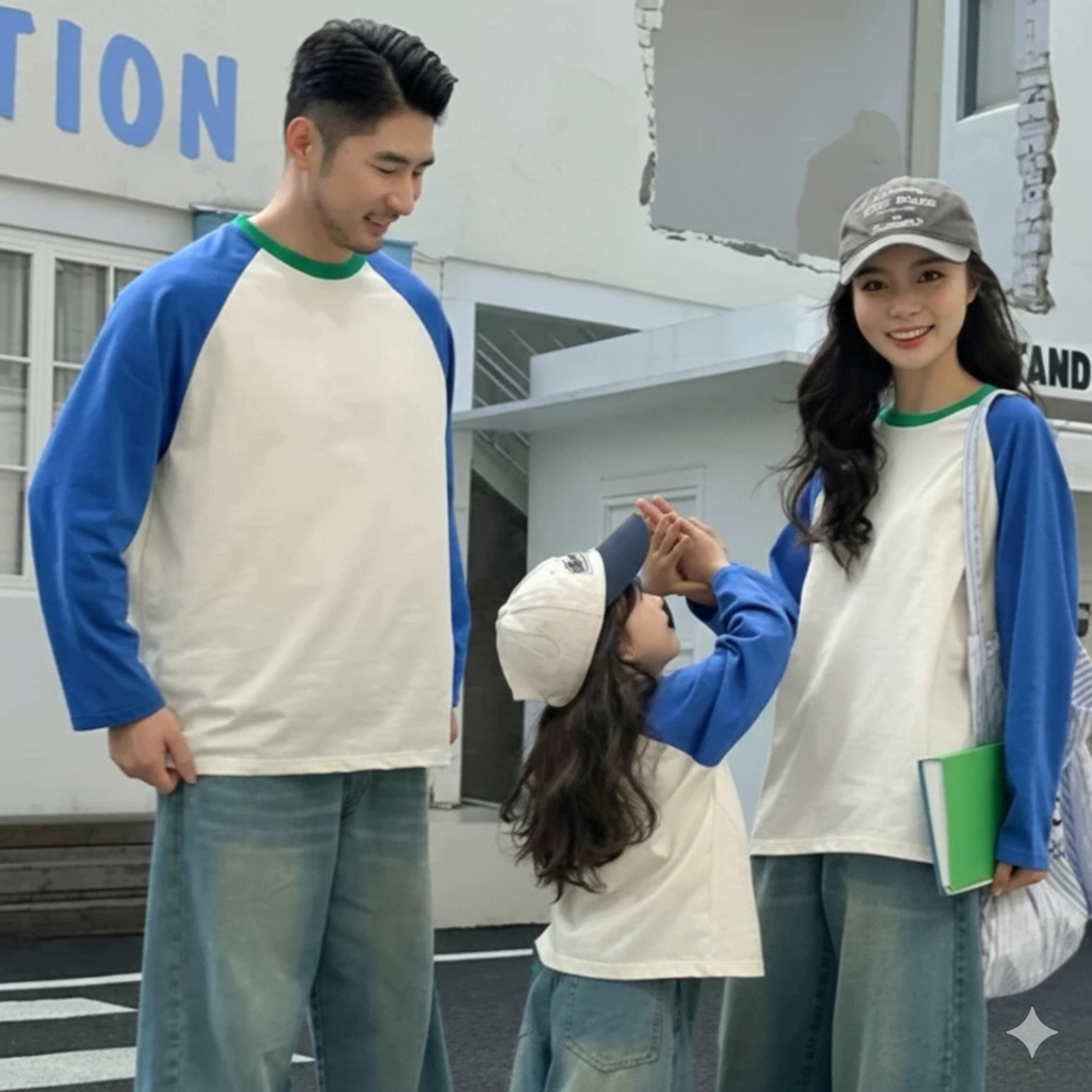 (PREMIUM QUALITY) PUTIH TULANG - TURKIS - HIJAU FUJI RAGLAN : KAOS COUPLE KOMBINASI RAGLAN 3 WARNA/ 