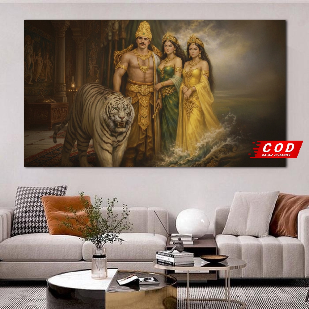Poster Cetak Prabu Siliwangi Dengan Dua Selir-Hiasan dinding Prabu Siliwangi Dan Harimau