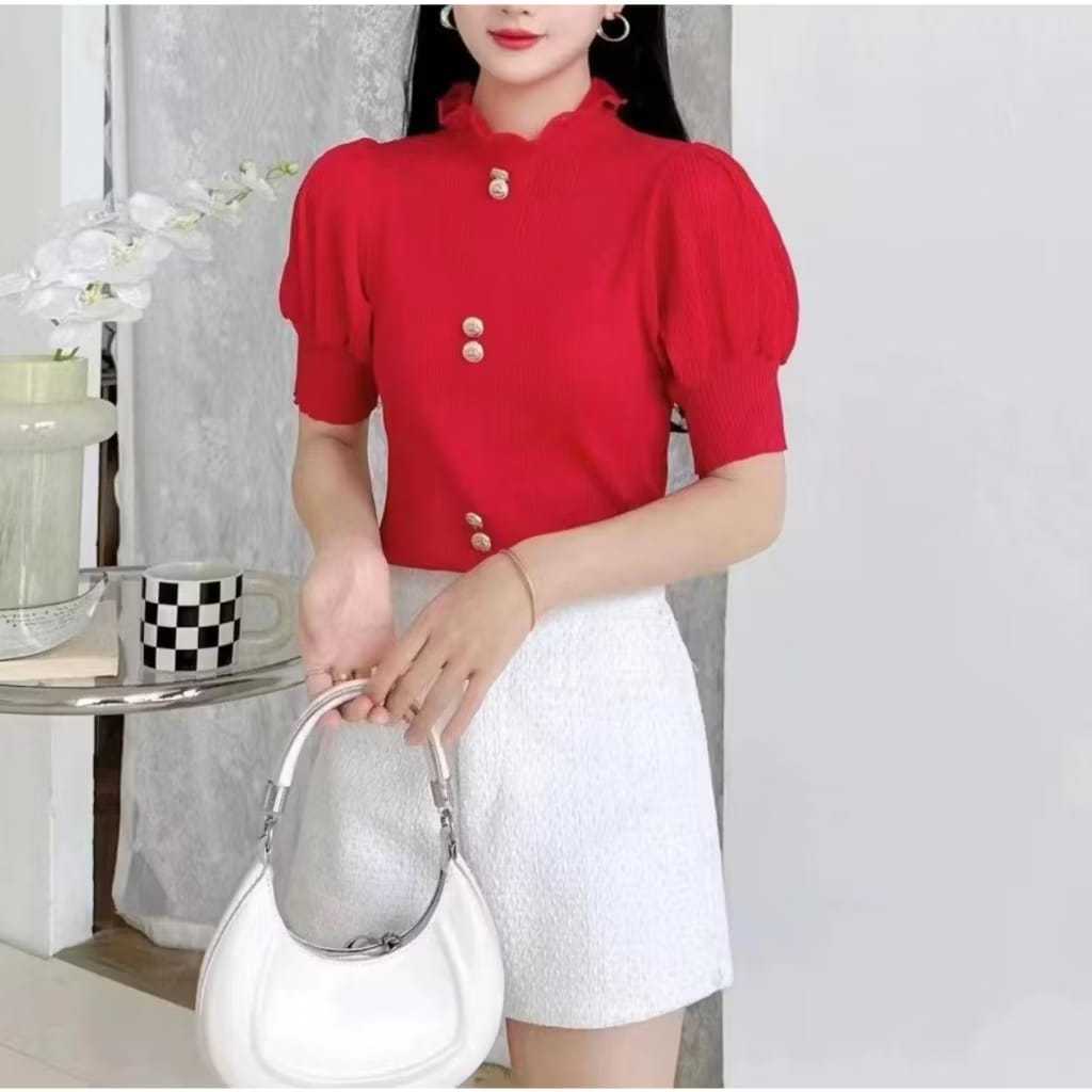 Blouse merah atasan korea import /atasan merah imlek/blus merah/atasan turtle neck imlek