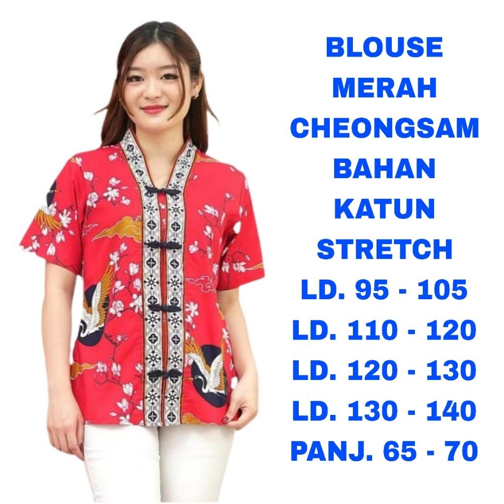 WK BLOUSE MERAH CHEONGSAM WANITA STANDAR BIG SIZE JUMBO SUPER JUMBO LD. 90 LD. 100 LD. 110 LD  120 L