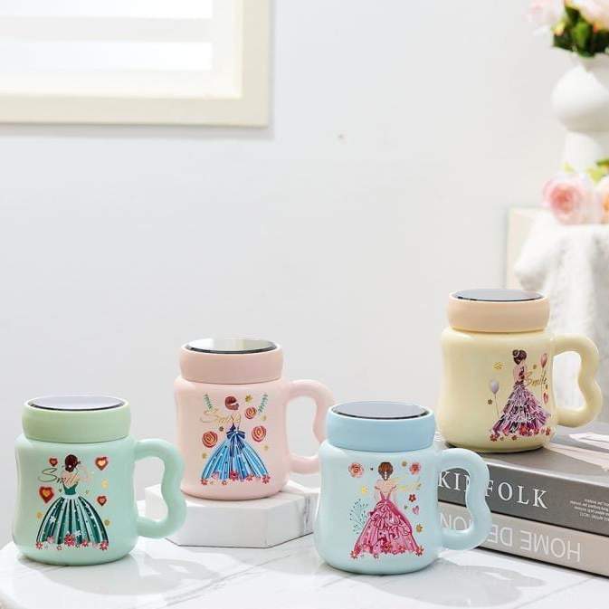 XW715-70 Mug Gelas  Cangkir Cup Air Gelas Kopi Gelas Teh Aesthetic Keramik Girl Tutup Cermin Putar