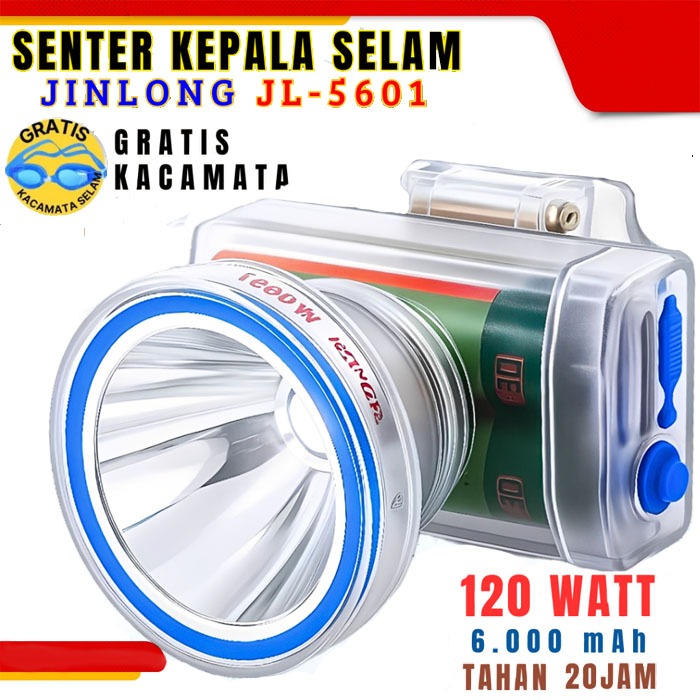 Jinlong Senter Kepala Selam Waterproof JL-5601 120 Watt Kapasitas Baterai 6000 mAh Gratis Kacamata