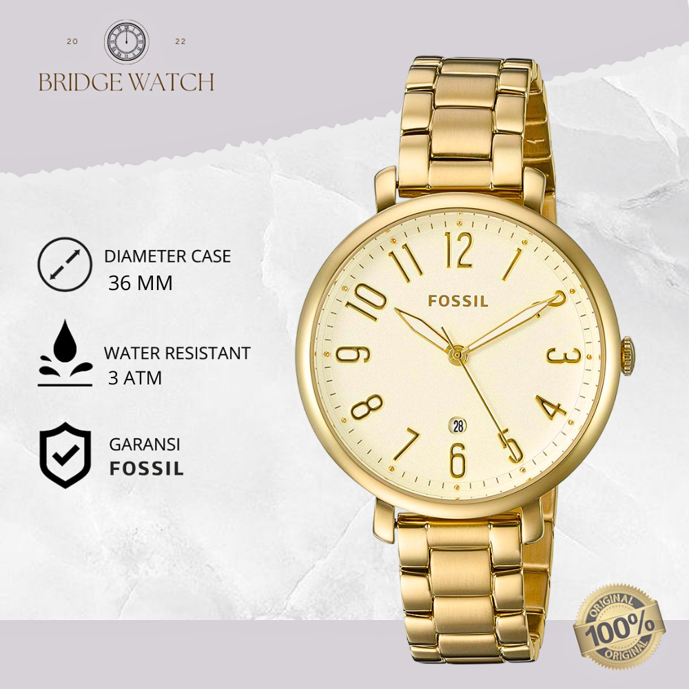Jam Tangan Wanita Fossil ES3971 Jacqueline Chronograph Stainless Steel Strap Rantai Gold Casual Orig