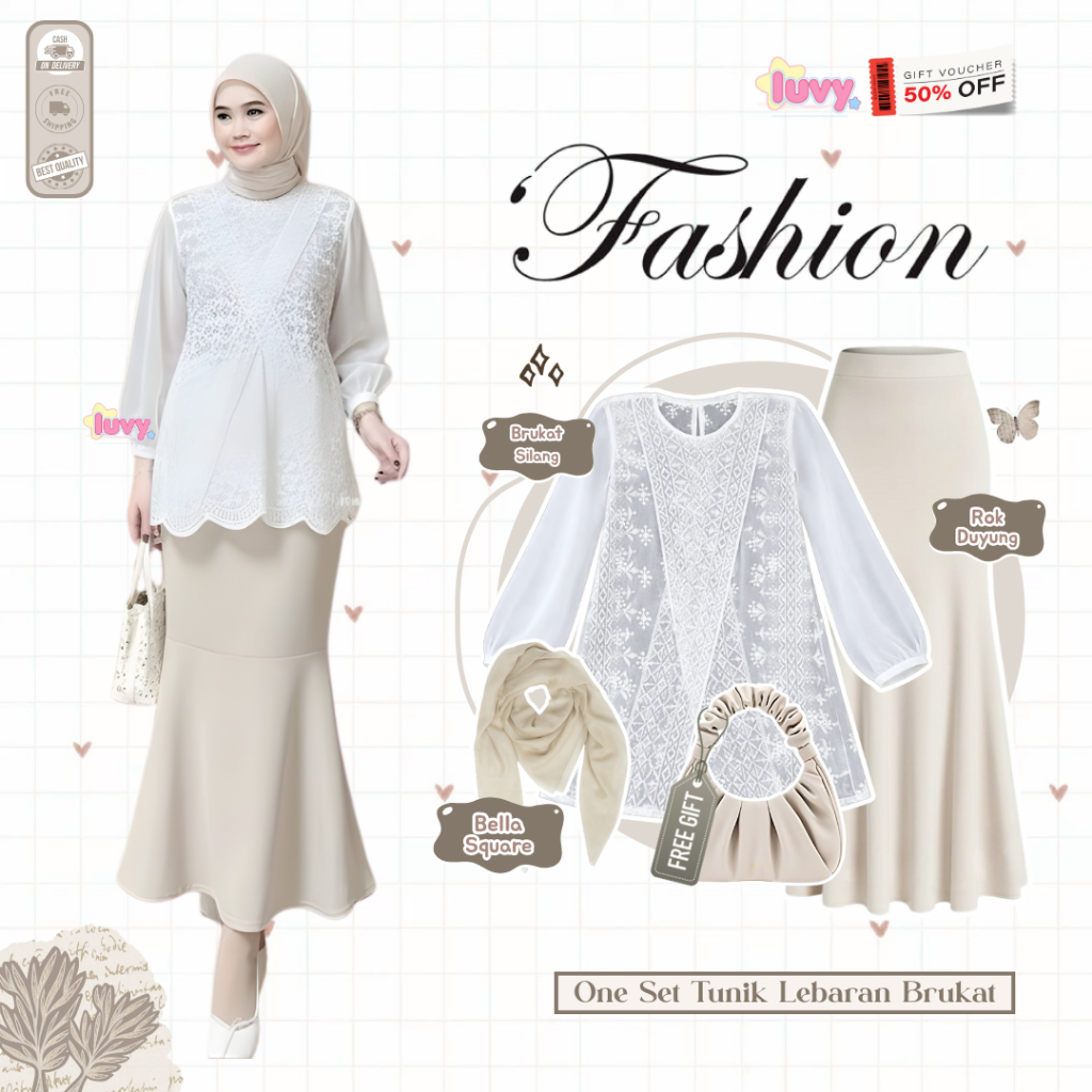 One Set Tunik Brukat Wanita Rok Duyung + Hijab Set Outfit Muslimah Elegan Premium Cream - D122