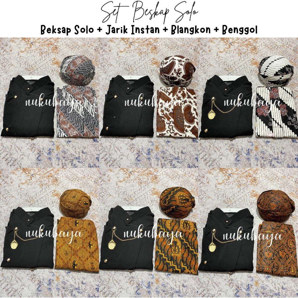 [SB8HT] Set Pakaian Adat Jawa - Beskap Solo Hitam +Jarik Instan + Blangkon Solo