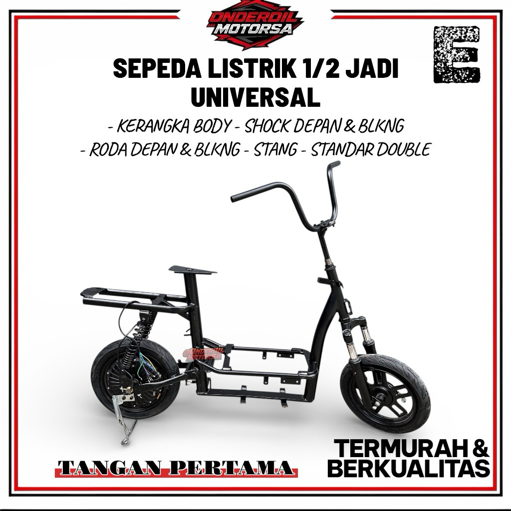 Sepeda Listrik 1/2 Jadi Frame Kerangka Body Roda Shock Stang Standard Double Motor Listrik Scooter E