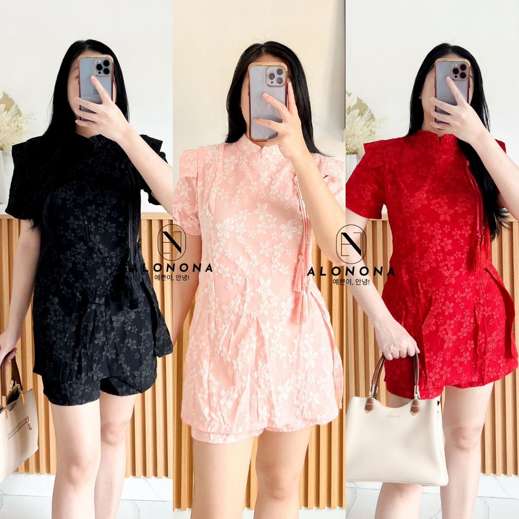 BAO YU ONE SET PAKAIAN ATASAN WANITA BAJU IMLEK CNY MAROON MERAH PINK HITAM QIPAO CHEONGSAM SHANGHAI