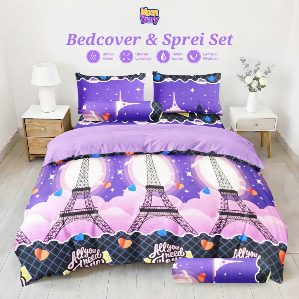 Bed Cover Set Sprei Paris Ungu Mix Lilac Ukuran Lengkap 180x200 160x200 120x200 - Moonberry Bedcover