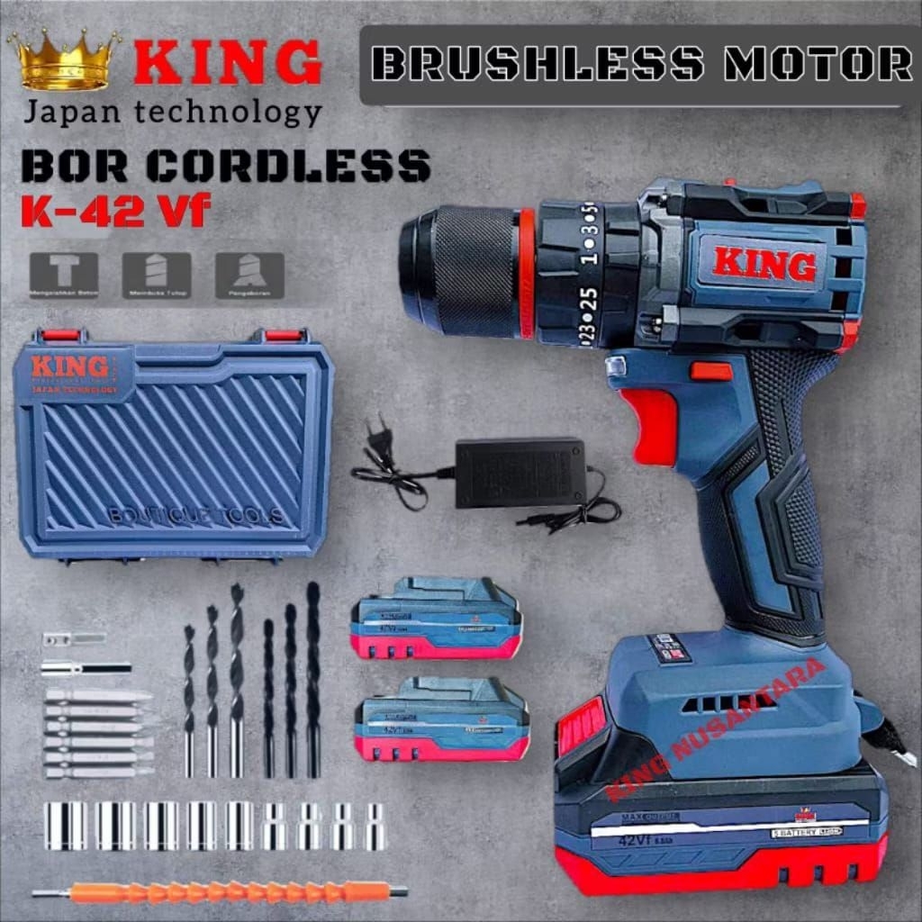 BOR BATERAI 42 Vf KING BOR CORDLESS BOR IMPACT DRILL FULLSET KOPER