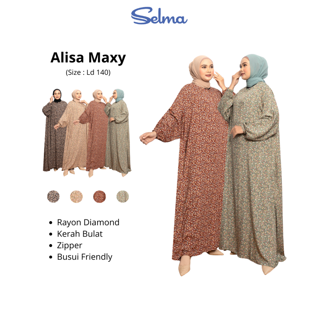 Alisa Maxy Dress Muslim Gamis Jumbo LD 140 Rayon Motif Bunga Lengan Karet  Bigsize by SELMA LABEL