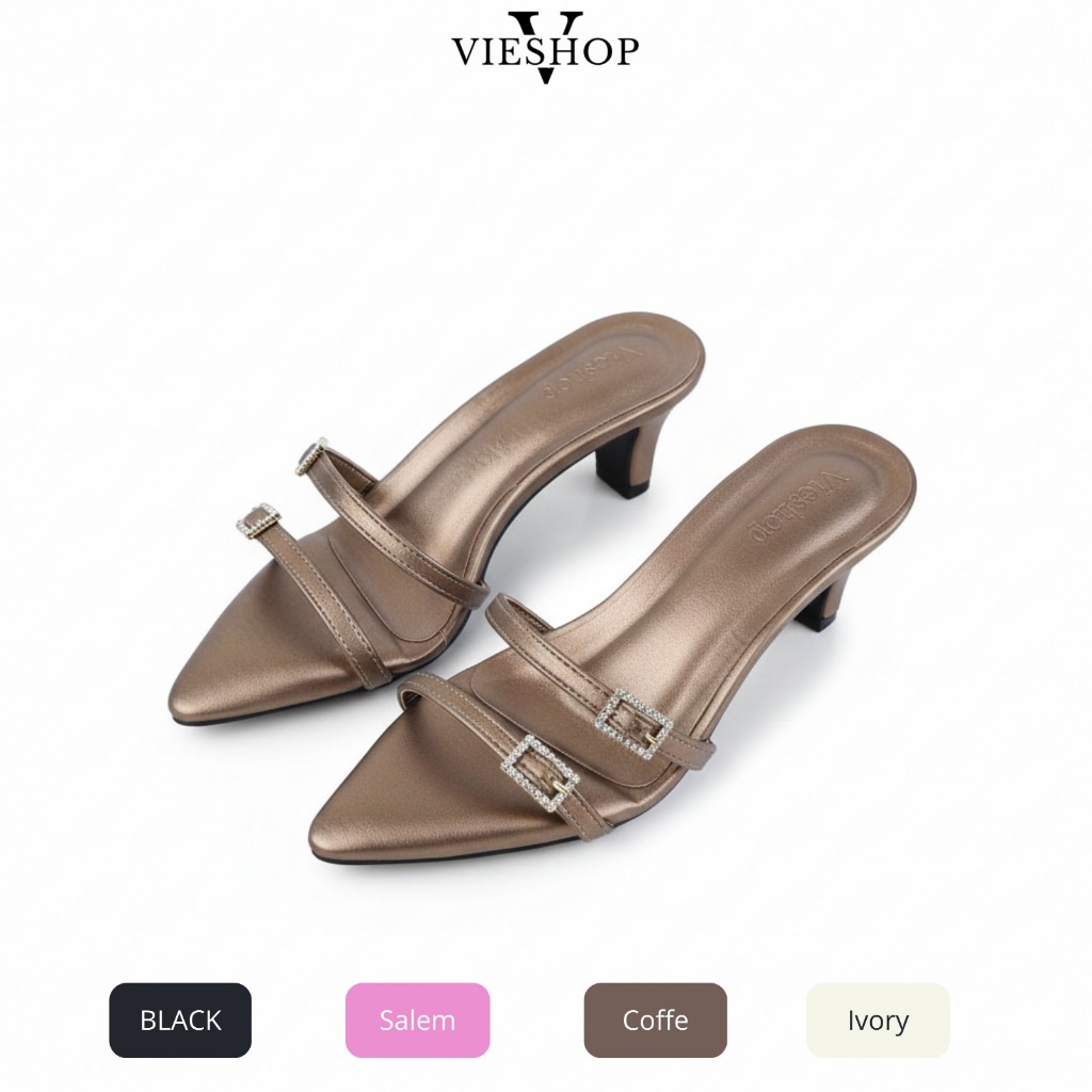 VIESHOP Heels Wanita Pointed Toe Hak Tahu High Heels Pesta Kondangan Cantik Elegan Strap Kristal