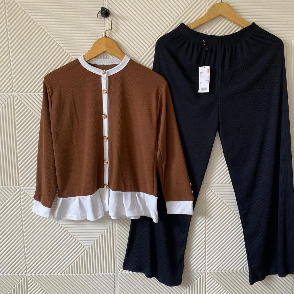 Shabhira - Setelan Celana Panjang Wanita / Set Atasan Kancing Lengan Panjang Rempel /One Set Saquila