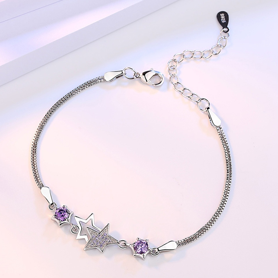 Gelang/Kaki 2in1 Berlapis Perak Bintang & Zirkon Ungu