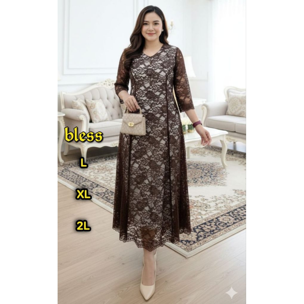 Dress brokat kombinasi satin dan velvet