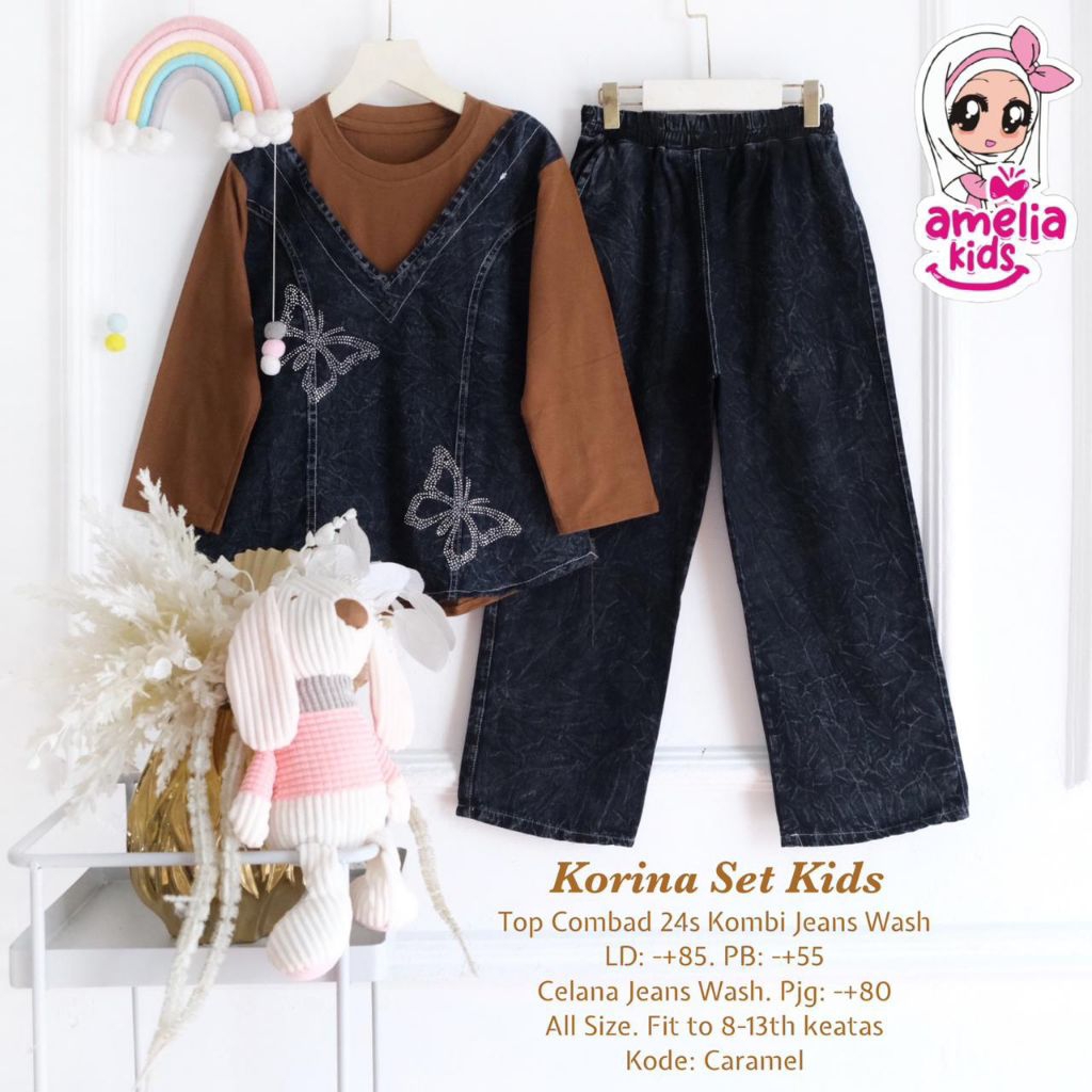KORINA SET JEANS ROMPI ANAK 8-13 TAHUN BY AMELIA ORIGINAL / SETELAN JEANS ROMPI ANAK CEWEK BEST SELL