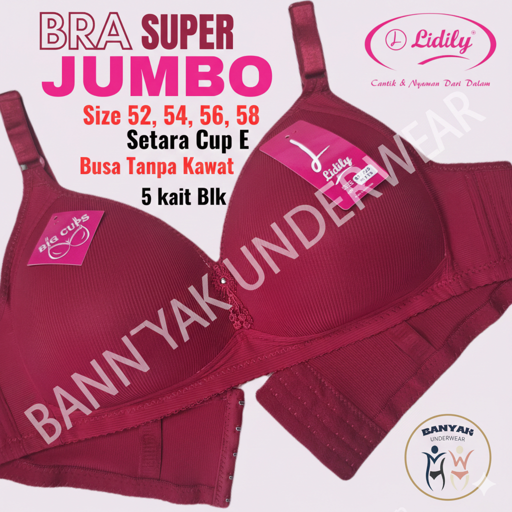 Lydyly Bra Super Jumbo Cup E Big Size Tanpa Kawat Busa Tipis Kait 5 Nilon Spandek Big Size 52 54 56 