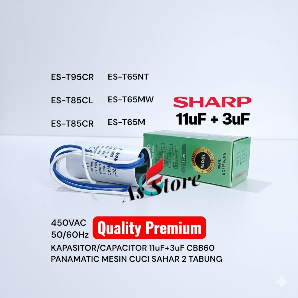 Kapasitor Sharp/Capacitor 11uF+3uF CBB60 PANAMATIC Mesin cuci Sharp 2 Tabung ES-T95CR ES-T85CL ES-T8