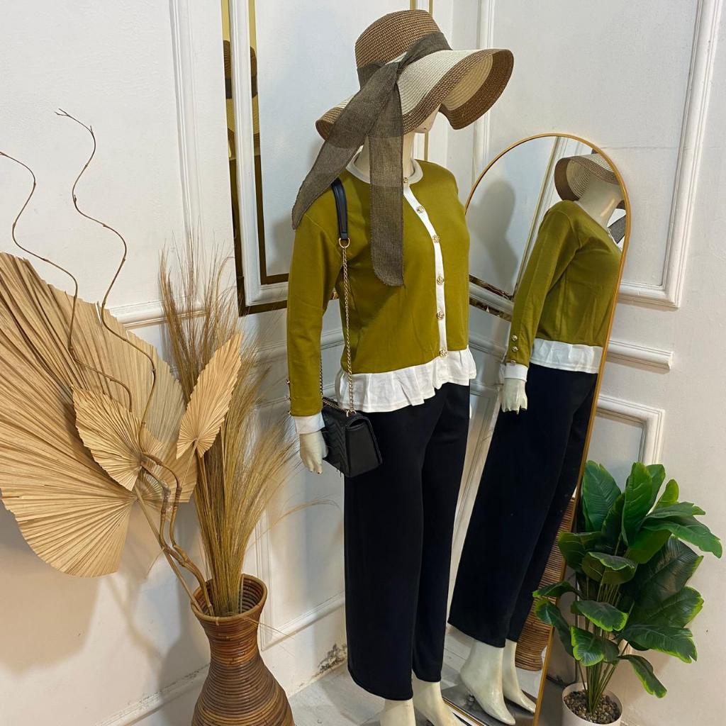 Syafiqa - Setelan Celana Panjang Wanita / Set Atasan Kancing Lengan Panjang Rempel /One Set Saquila