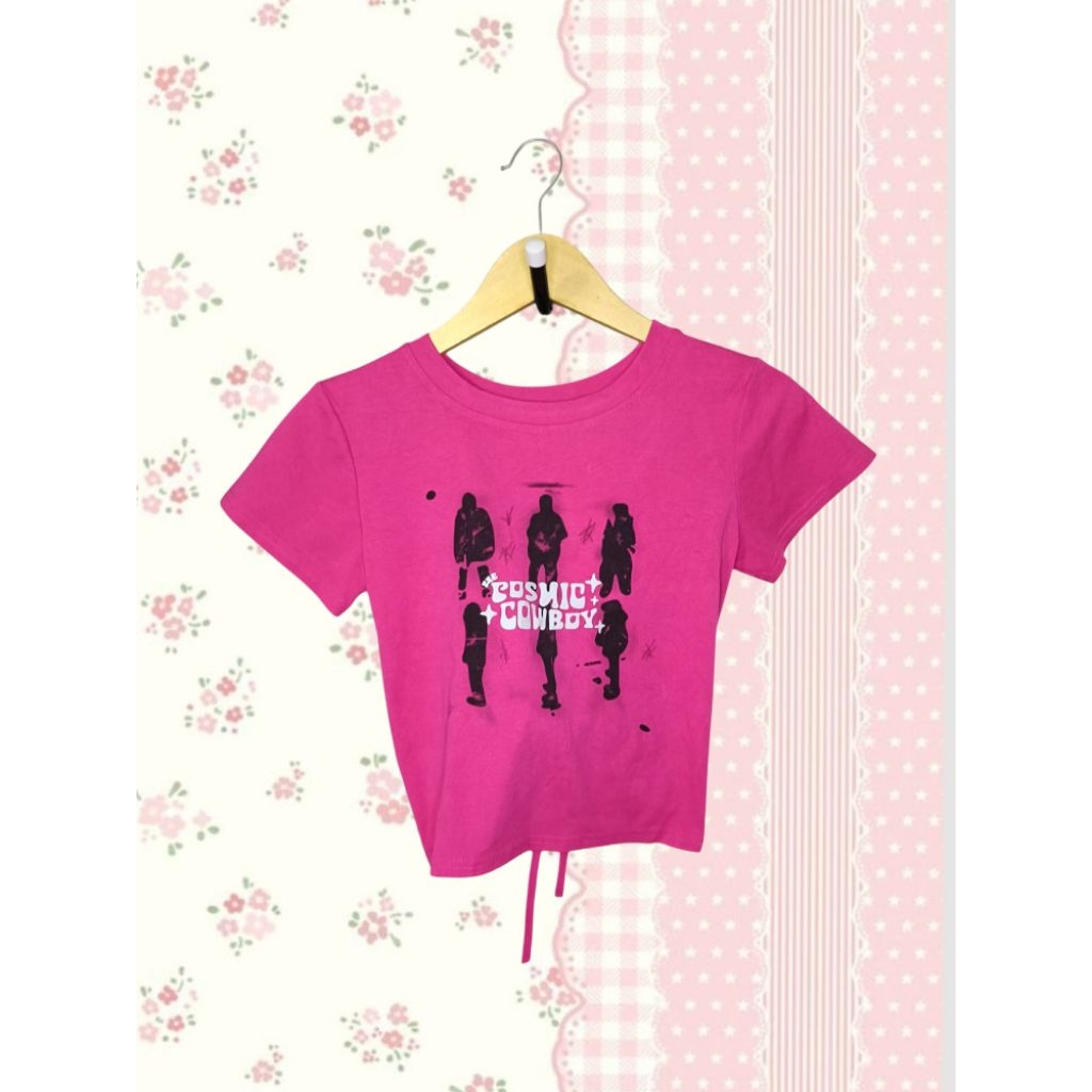 Y2k Drawstring Crop Top Hot Pink Artwork Cosmic Cowboy 2000's Streetwear Style