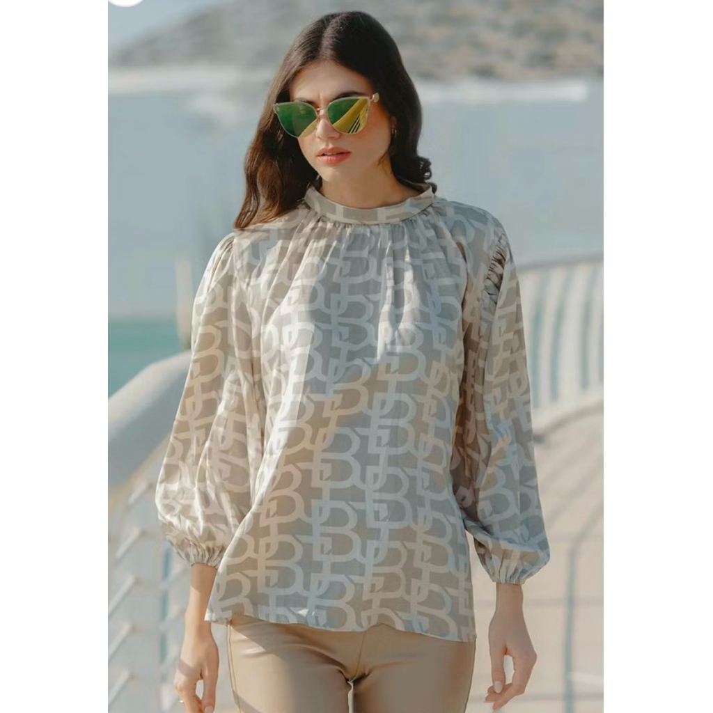 Monogram Gathered Blouse Benang Jarum Beige