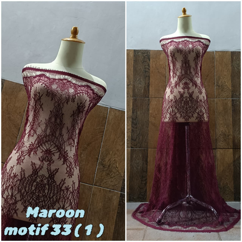 Kain Brukat Chantily Serian Warna Maroon , Isi Panjang 2,5 meter X Lebar 1,5 meter , Bahan Kebaya Sa