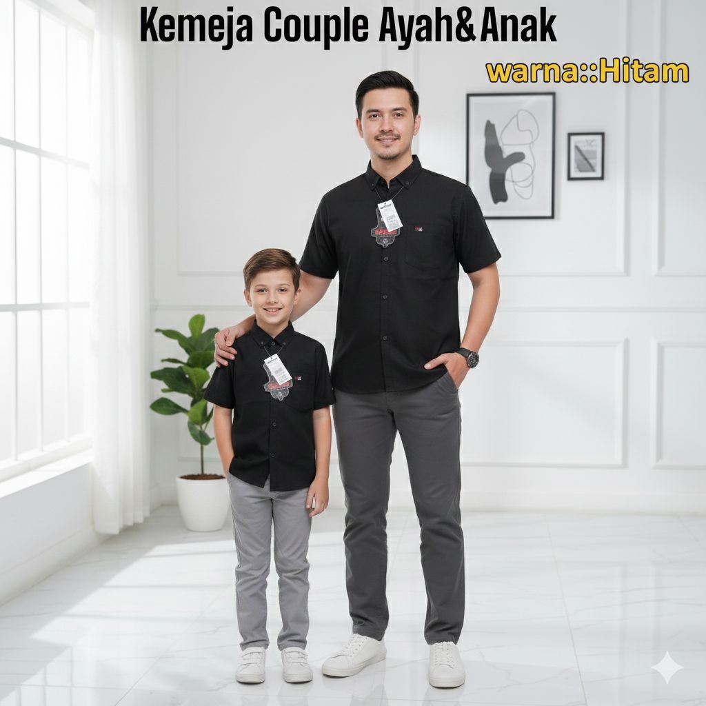 Kemeja Cowok Hem Couple Ayah Dan Anak Lengan atasan Pendek Polos Warna Hitam cowok