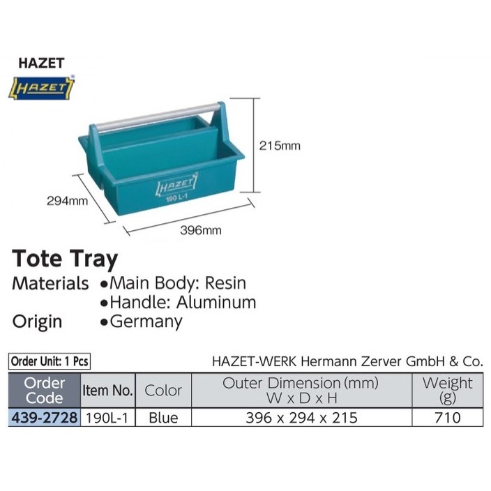 Plastic Tote Tray Blue 396x294x215 mm HAZET 190L-1