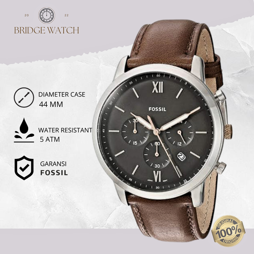 Jam Tangan Pria Fossil FS5408 Neutra Chronograph Grey Dial Brown Leather Strap Casual Original