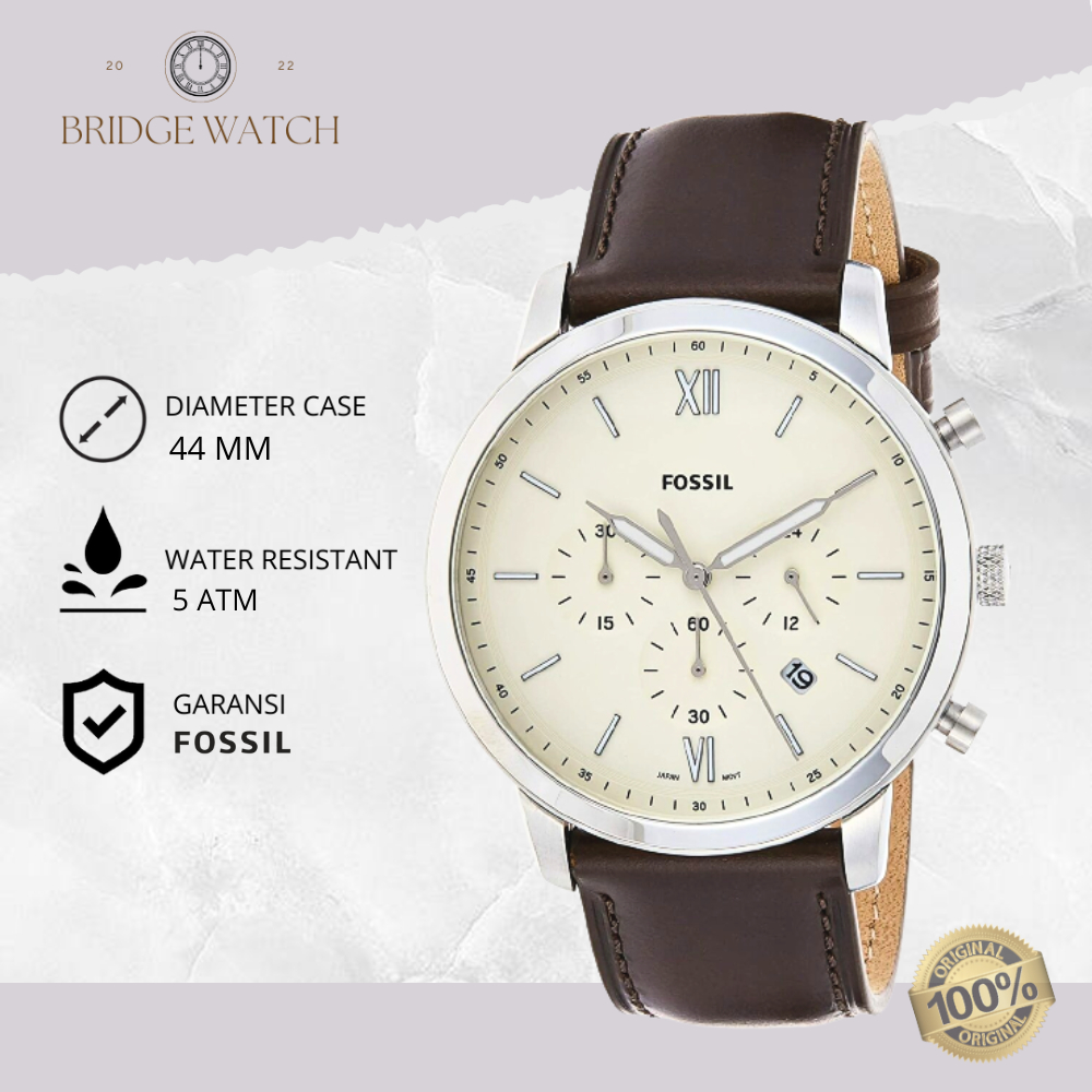 Jam Tangan Pria Fossil Neutra FS5380 Chronograph Men Beige Dial Brown Leather Strap Casual Original