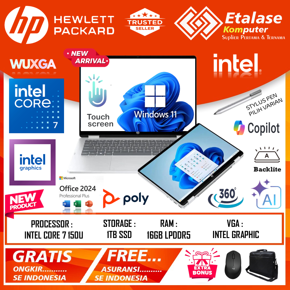 Laptop Touchscreen HP OmniBook 5 Flip 14 Intel Core 7 150U | Core 5 120U RAM 16GB ddr5 1TB SSD Baru